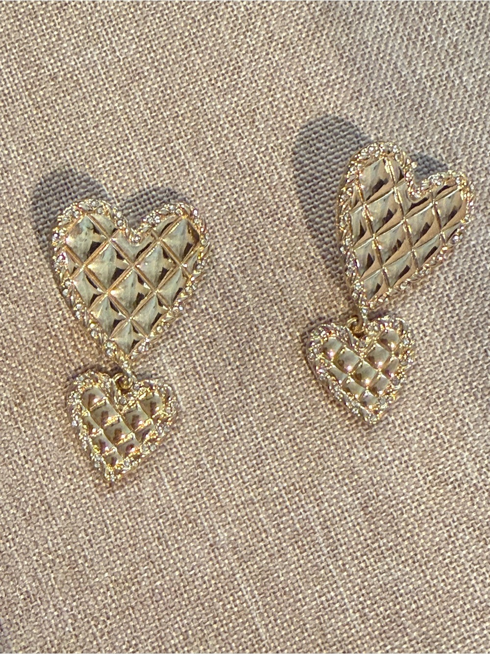 Gold Quilted Double Heart Drop Earrings - Elegant Heart Dangle